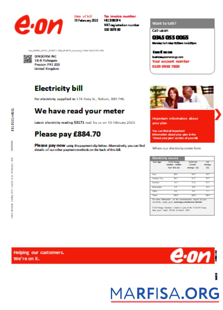 Printable E.ON UK utility business bill, SCR download for verification